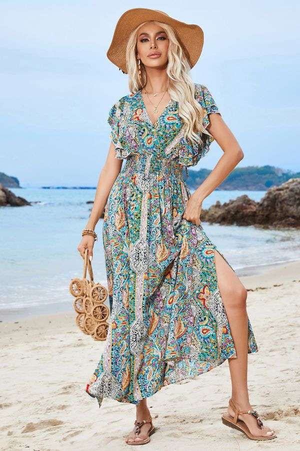 Printed Maxi Dress - S, Multi Blue image