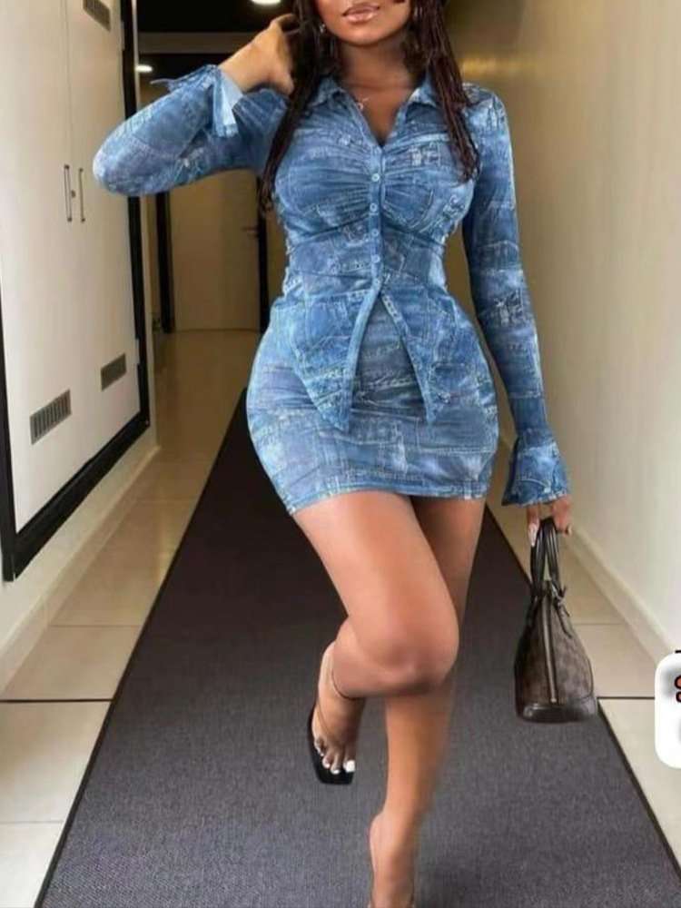 Summer Denim Shirt and Skirt Set - L, Denim Blue image