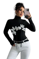 Black floral high neck ribbed top - M, Black image