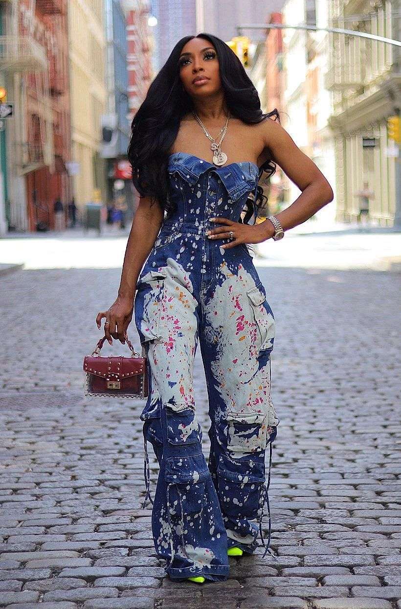Off-Shoulder Cargo Splash Ink Bell Bottom Jumpsuit - M, Denim Blue image