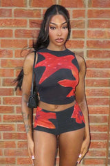 Abstract Print Sleeveless Crop Top and Shorts Set - S, Black image