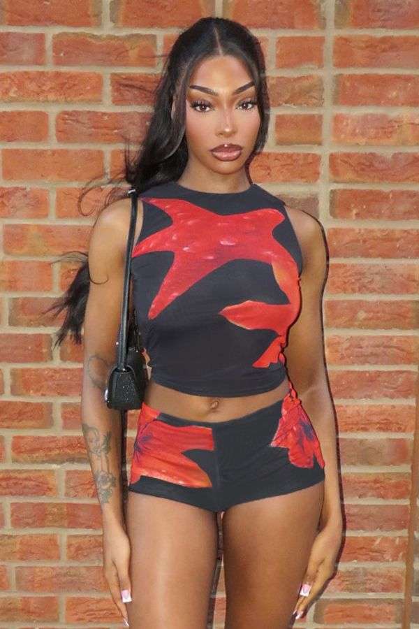 Abstract Print Sleeveless Crop Top and Shorts Set - S, Black image