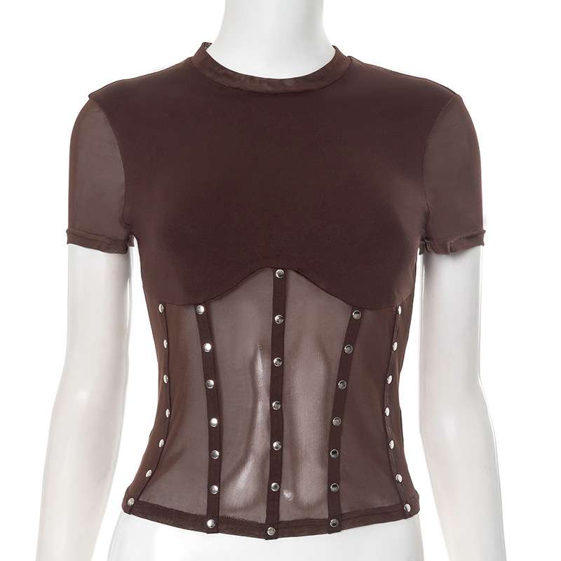 Sheer Mesh Top with Detailing - L, Brown image