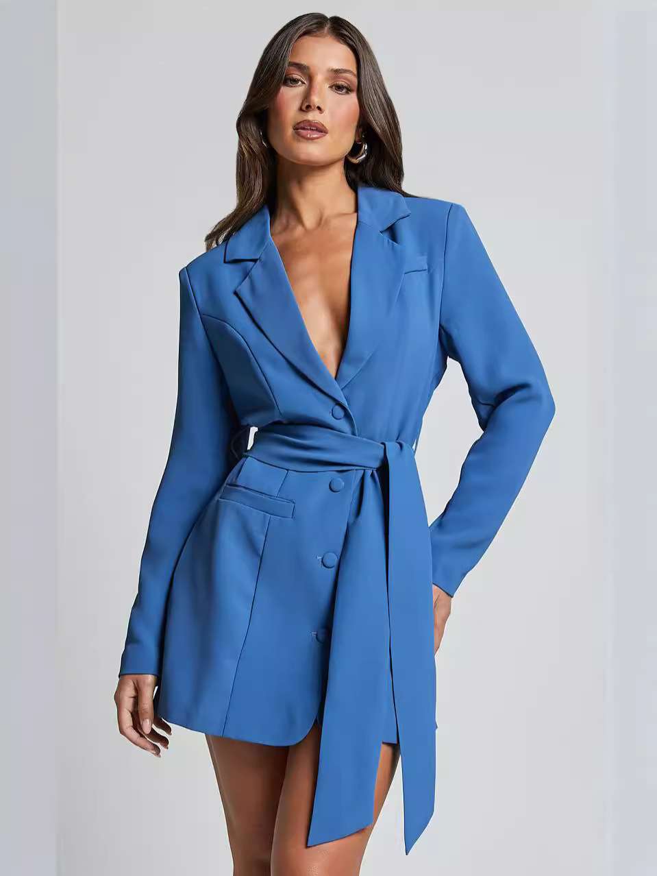 Elegant Belted Blazer Dress - S, Blue image