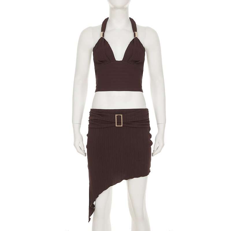 Halter Crop Top & Mini Skirt Set - L, Cub Brown image