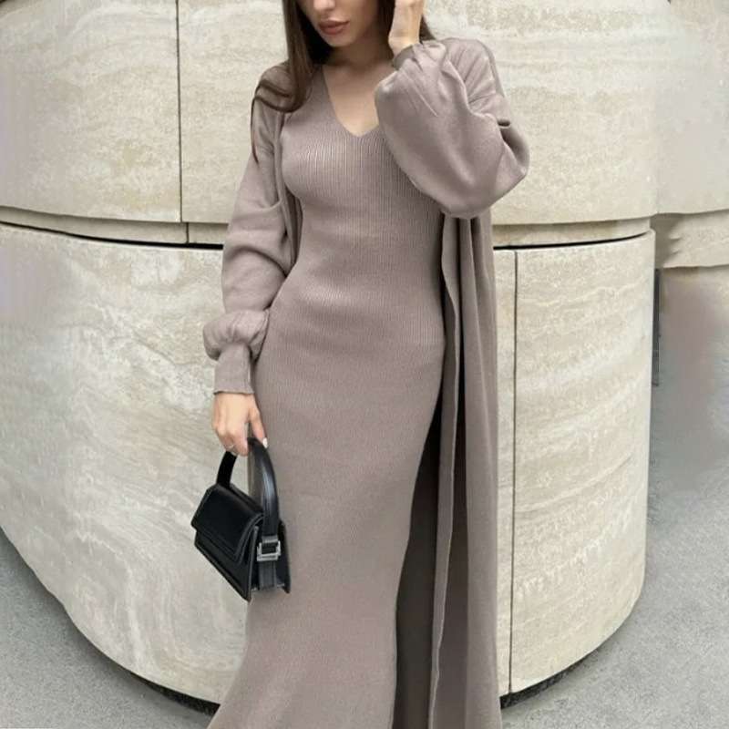 Bodycon Dress with Long Cardigan chic Set - XL, Champagne Beige image