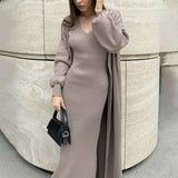 Bodycon Dress with Long Cardigan chic Set - XL, Champagne Beige image