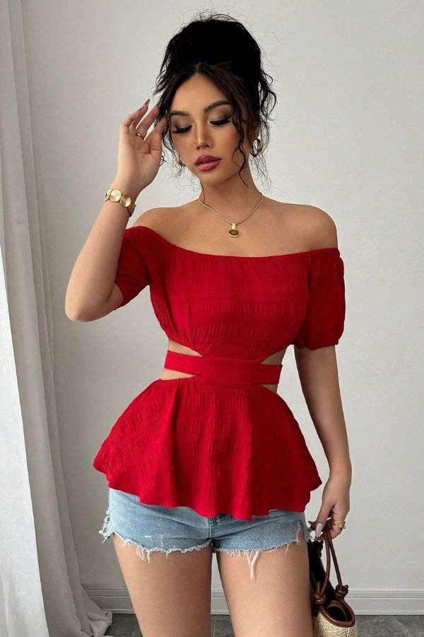 Off-Shoulder Cut-Out Peplum Top - S, Red image