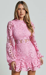 Vibrant Lace Dress with Ruffle Hem - M, Pink image