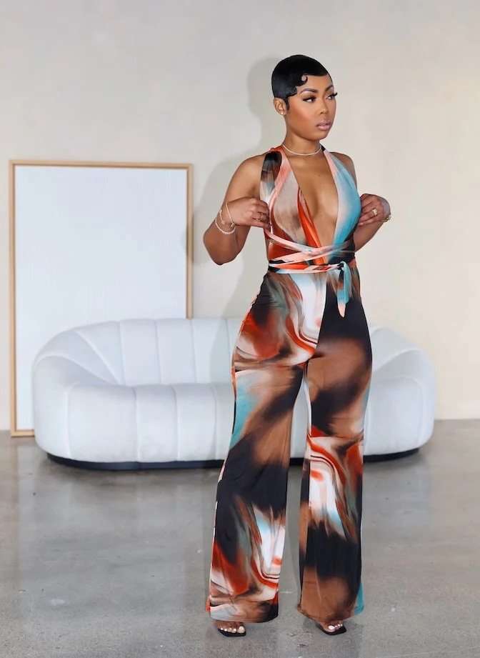 Multicolor Abstract Wrap Jumpsuit - XL, Multi Brown image