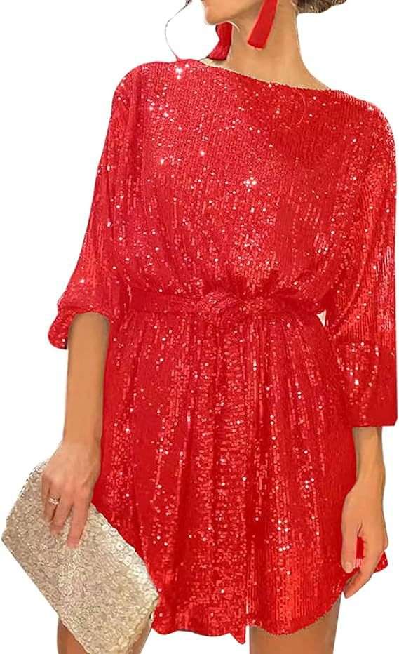 Sequins Glitter Mini Dress Cocktail Club Party - S, Red image