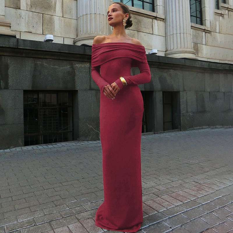 Off shoulder Long Sleeve Maxi Dress - M, Maroon Brown image