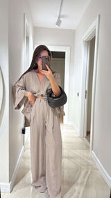 Chic Casual Asymmetrical Cropped Top & Pants - M, Beige image