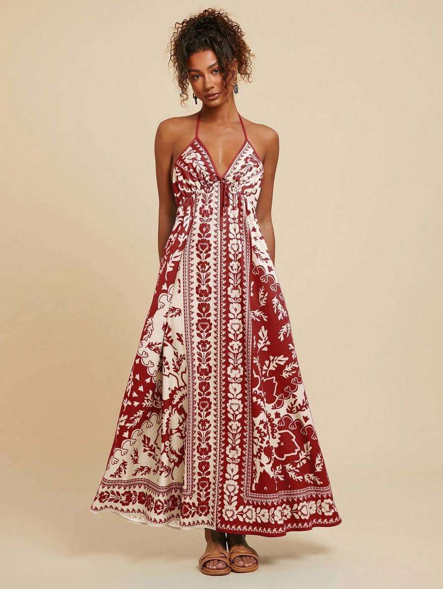 Floral Maxi Dress with Spaghetti Straps - S, Red image