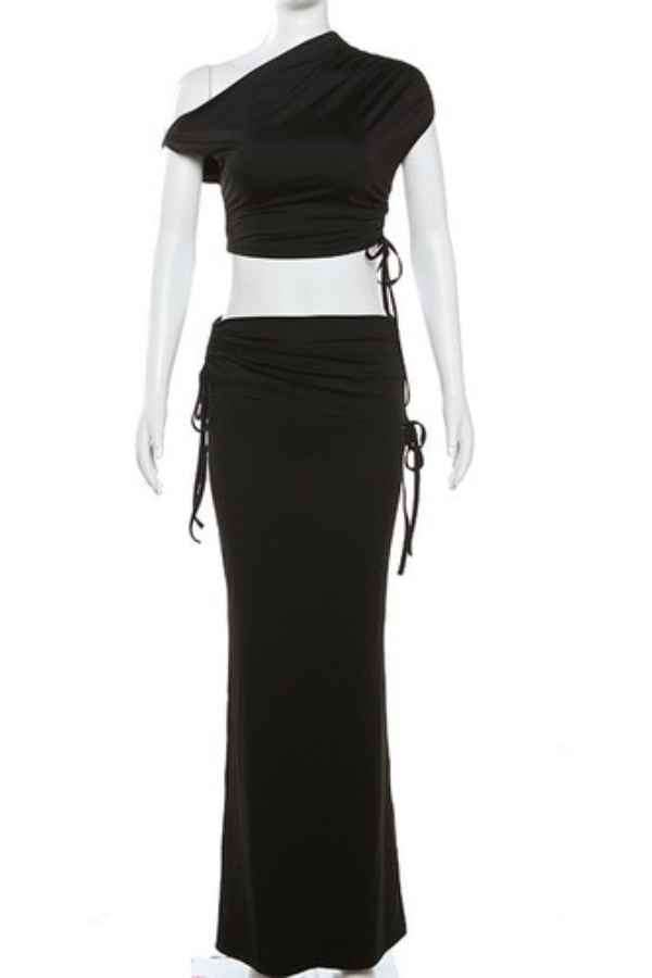Sexy Low Rise  Drawstring Maxi Skirt Crop Top 2pcs Set image 6