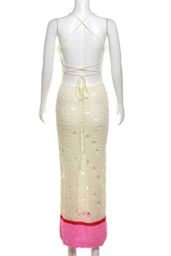 Sexy Ripped Crochet Cross Halter Back Resort Maxi Dress image 4
