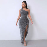 One Shoulder Wrap Split Thigh Party Dress - L, Grey image