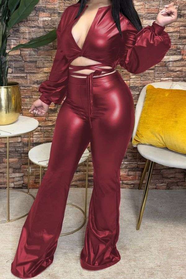 2 Piece PU Crop Top Bodycon Pants Party Sweatsuit - M, Maroon image