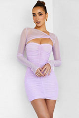 Ruched Bodycon Dress with Sheer Long Sleeves - S, Purple image