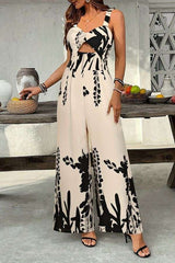 Floral Print Wide-Leg Jumpsuit - Warm Taupe Beige, M image