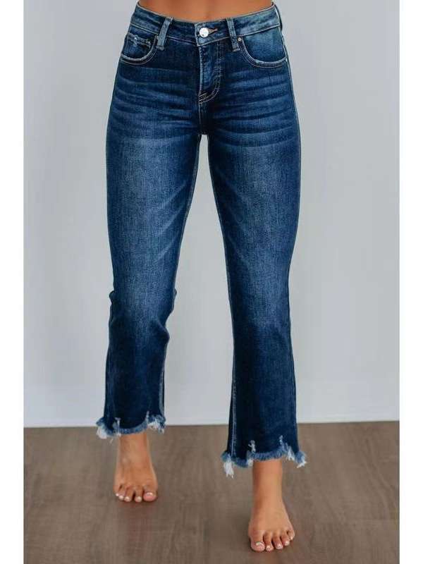 High-Waisted Frayed Hem Jeans - L, Dark Blue image
