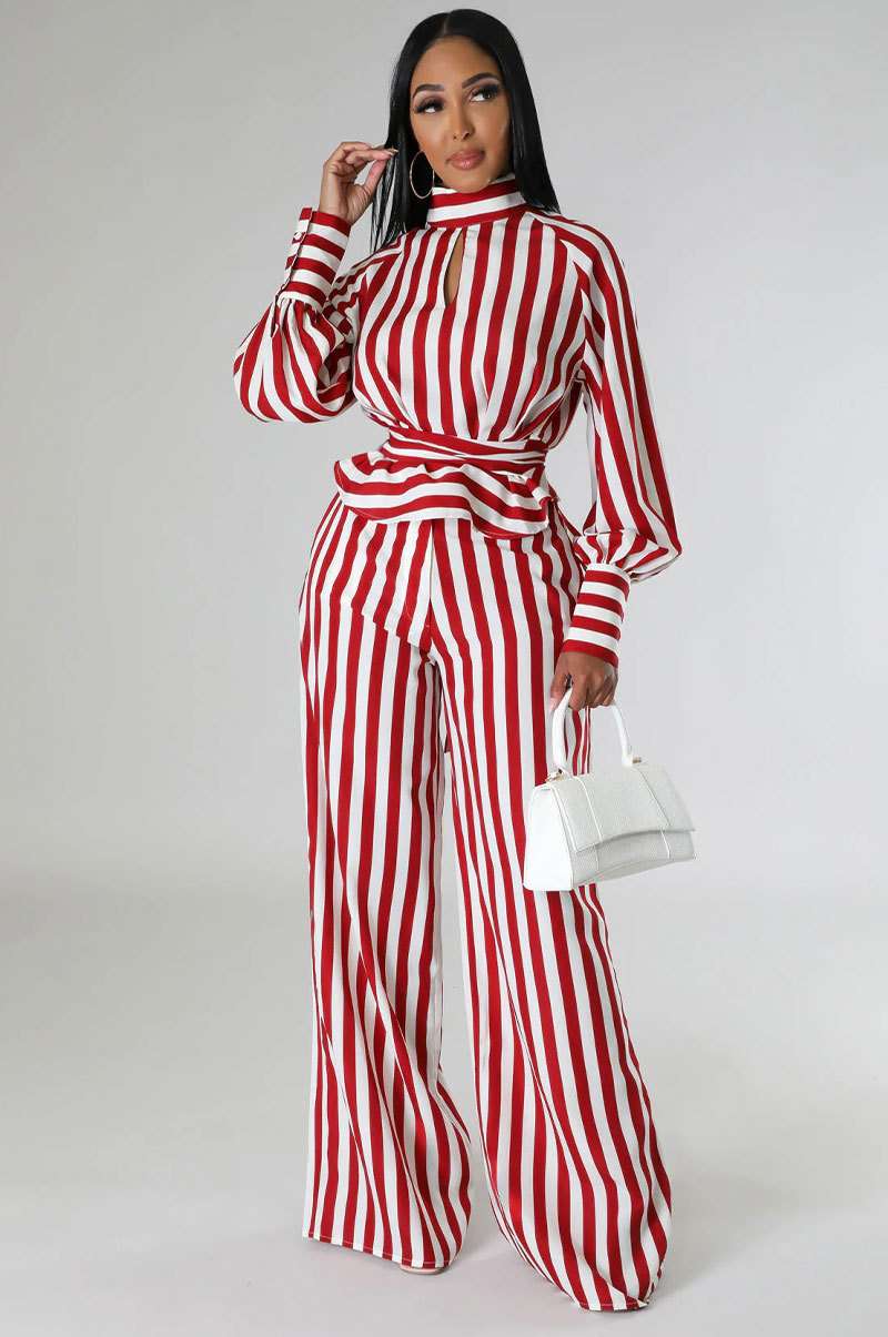 Striped Pattern Pant Set - S, Multi Red image