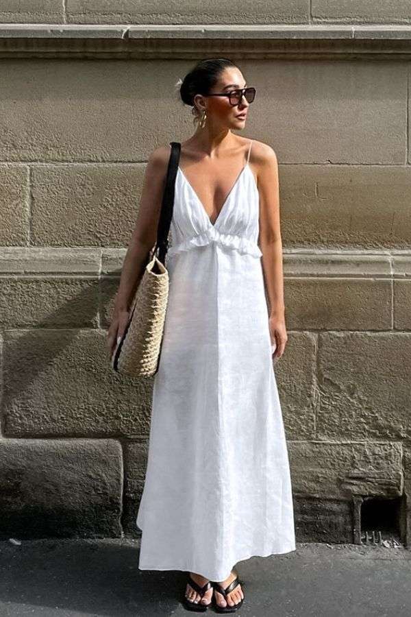White V-Neck Maxi Dress - M, White image