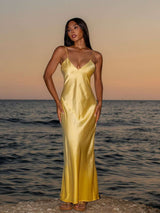 Elegant Maxi Dress with Spaghetti Straps - M, Yellow image
