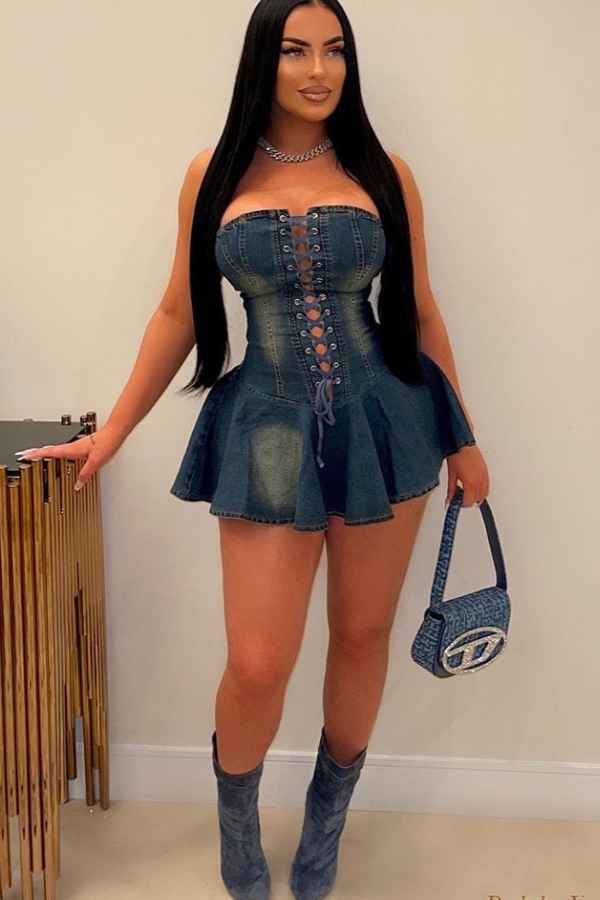 Sexy Off Shoulder Pleated Skirt LaceUp Denim Mini Dress image 0