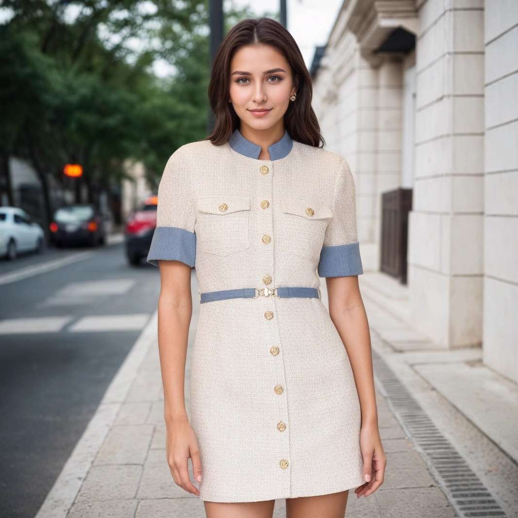 Elegant Tweed Dress with  Button Details - L, Light Beige image