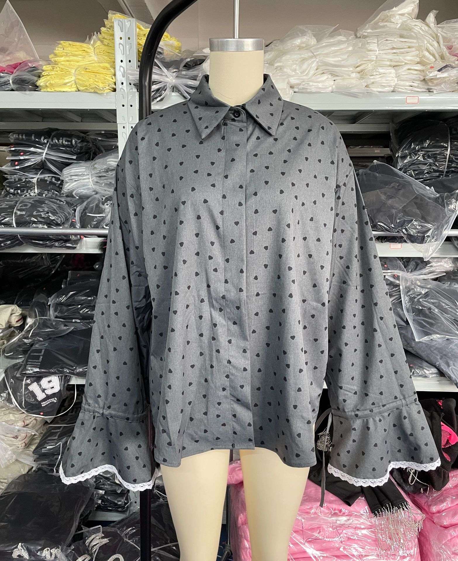 Heart Print Button-Up Top with Lace Trim image 4
