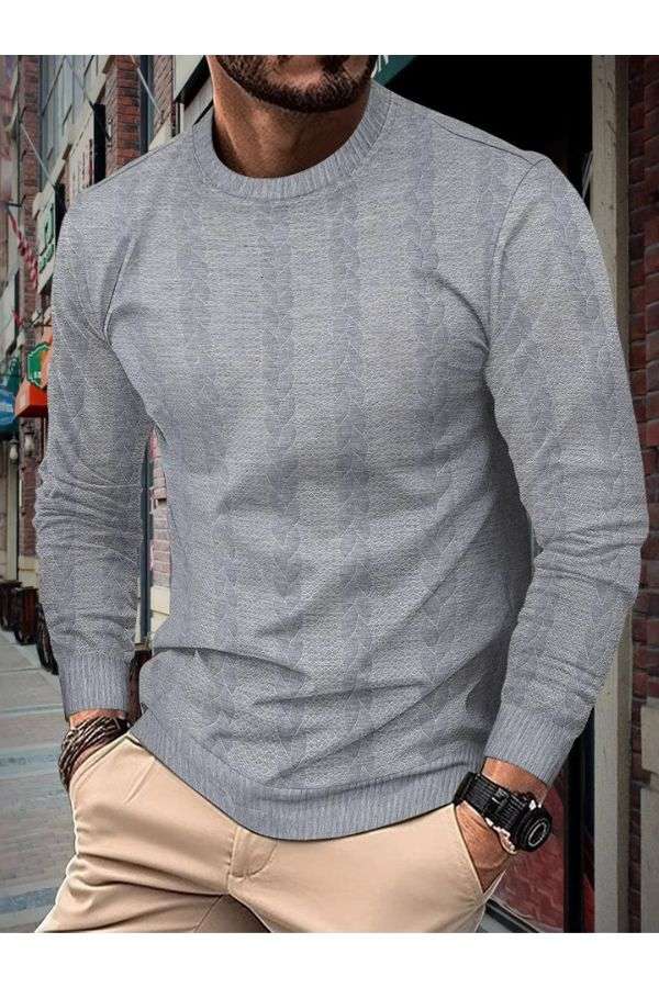 Solid Round Neck Longt Pullover - XL, Light Grey image
