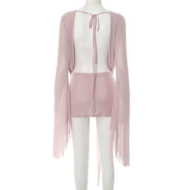 Deep V-Front Drape Dress with Flared Sleeves image 3