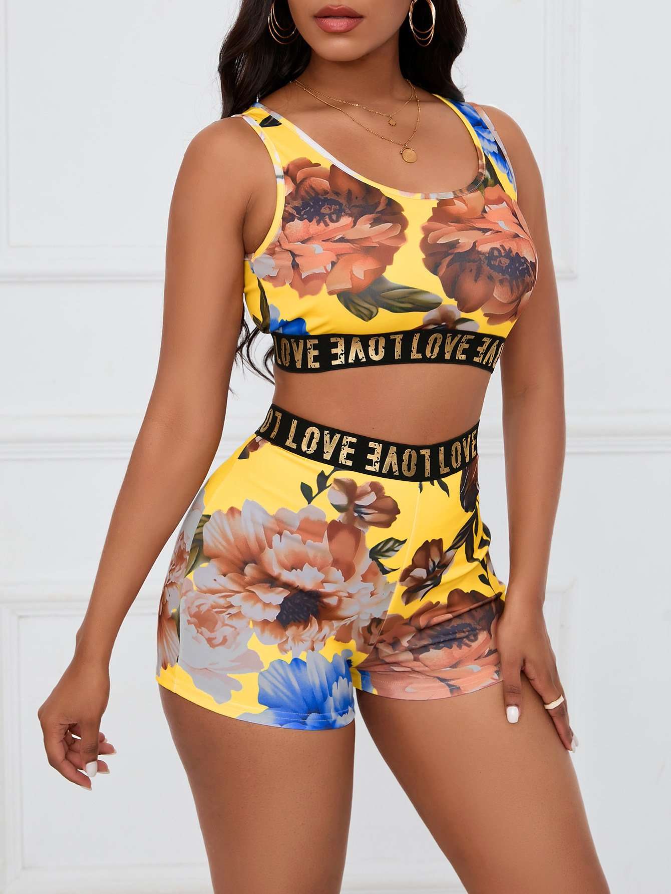 Crop Top and Shorts Activewear Set - L, Yellow image