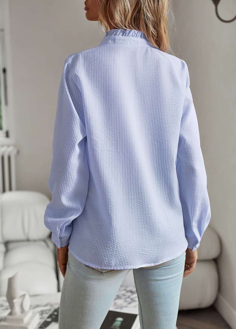 Spread Collar Striped Ruffles Shirt image 4