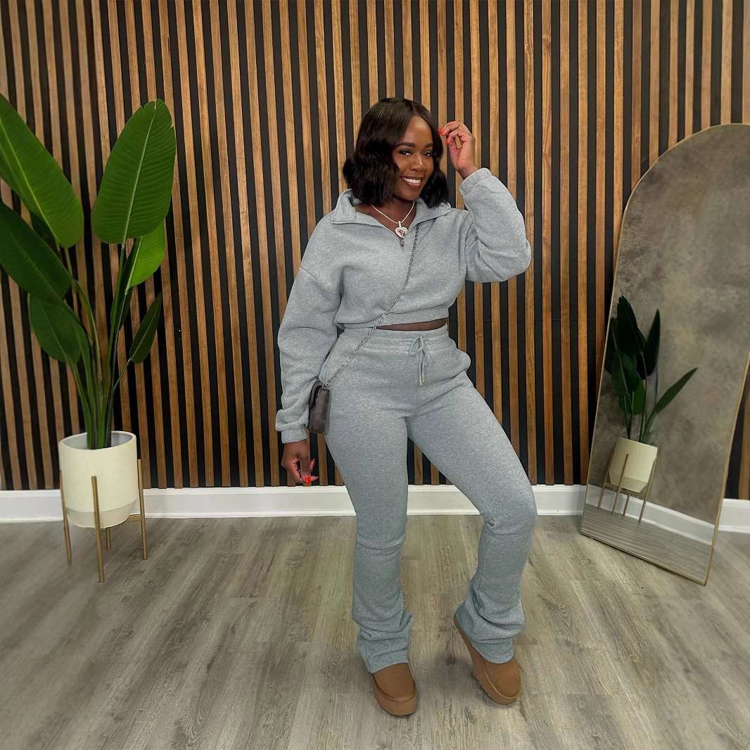 2 Pieces Crop Top Jacket Jogger Pants Set - S, Grey image