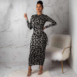 Leopard Print Crew Neck Maxi Dress - L, Multi Grey image