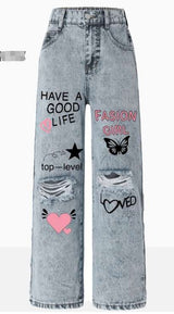 Graffiti Print Ripped Denim Pants - M, Light Grey image