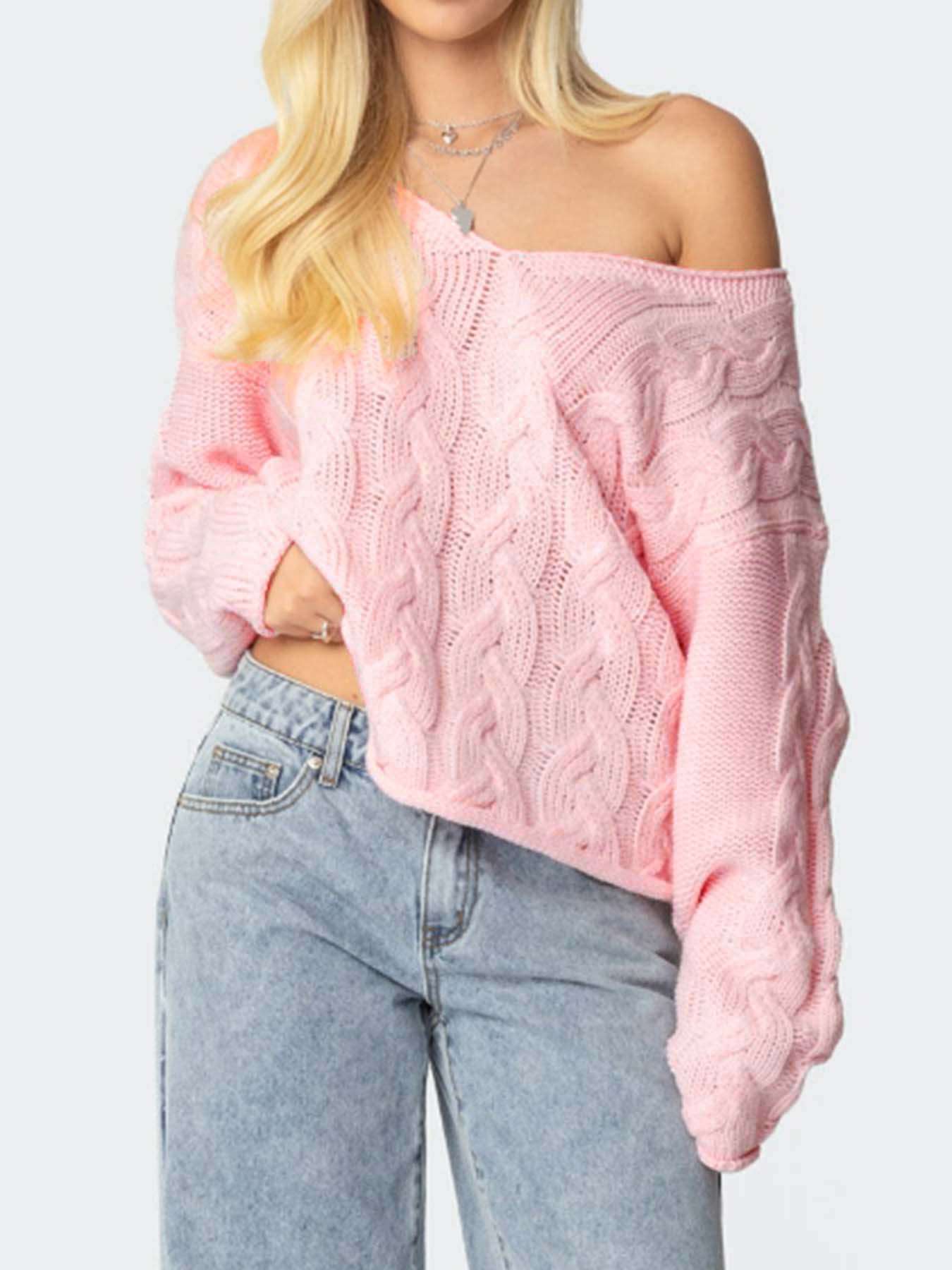 Oversized Pink Cable Knit Sweater image 1