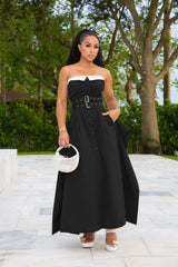 Strapless Button-Down Belted Maxi Dress - S, Black image