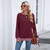 Long Sleeve Sweater with Contrast Cuffs and Hem - L, Wine Red image