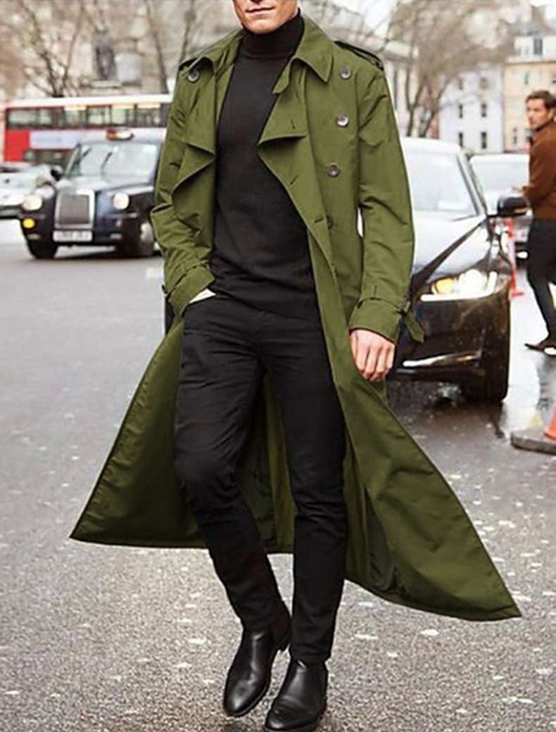 Classic Belted Overcoat Long Trench Coat - L, Army Green image