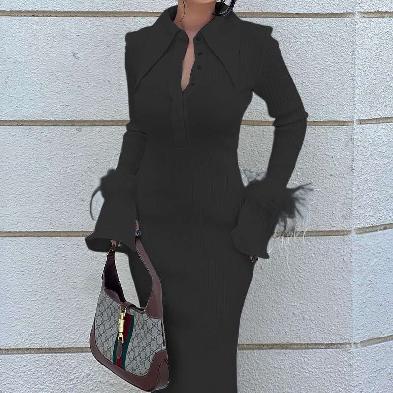 Wide Collar Maxi Sheath Dress - M, Black image