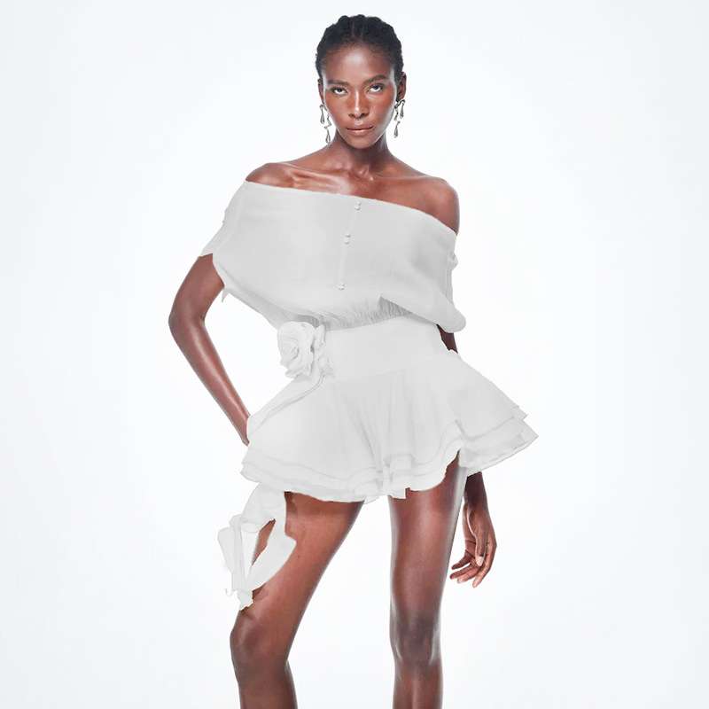 Off-Shoulder Ruffle Dress - M, White image