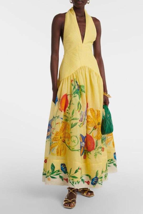 V Neck Floral Embroidered Maxi Dress - Yellow, M image