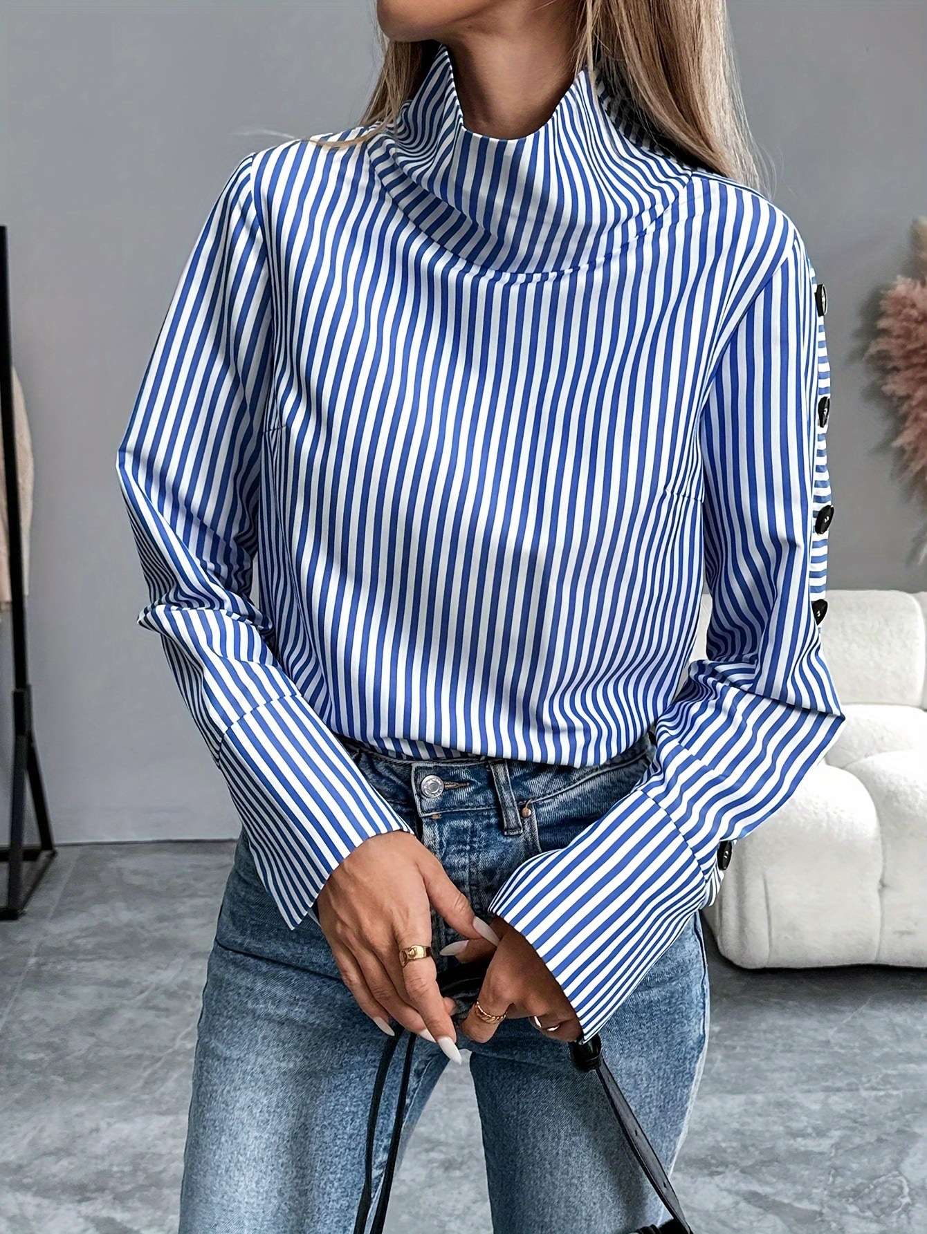 Unique High Collar Striped Top image 3