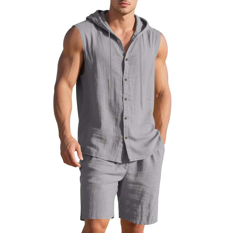 Men's Sleeveless Hooded Button-Up Casual Set - S, Grey image