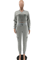 Baseball Collar Crop Zipper Sweatshirt Sweatpants Set image 7