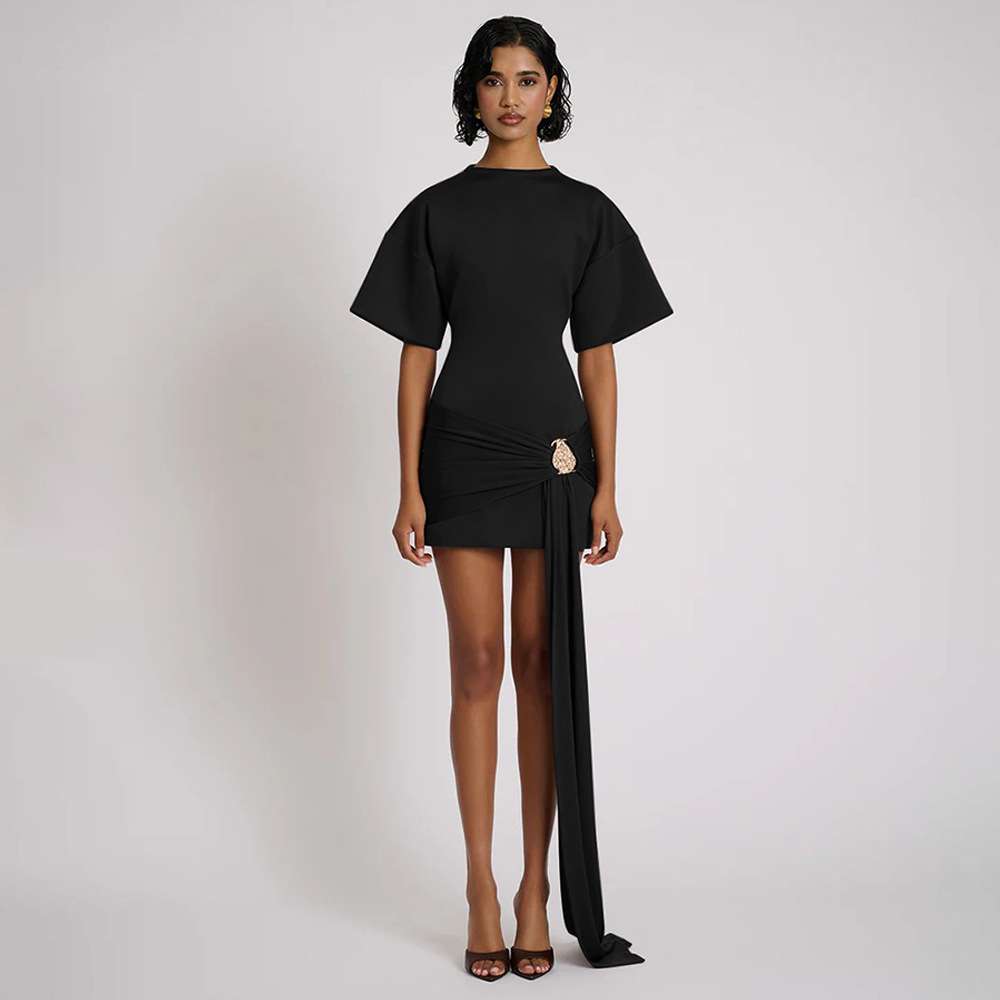 Short Dress with Draped Detail - L, Black image