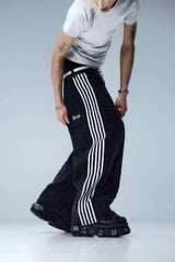 Korean Casual Stripped Straight Leg Pants - L, Black image